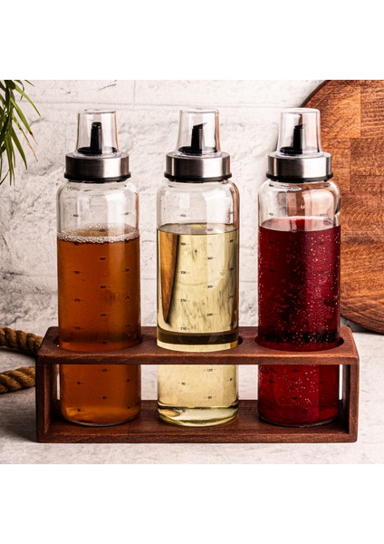 Oily - Ahşap Stantlı 3'lü 500 ml Borosilikat Zeytinyağı Sıvıyağ Sirke Şişesi Yağdanlık Yağlık