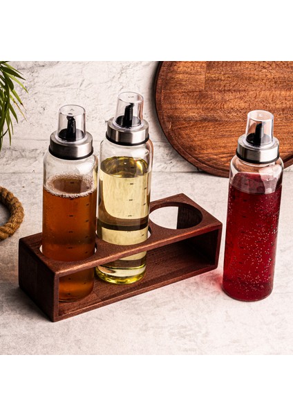 Oily - Ahşap Stantlı 3'lü 500 ml Borosilikat Zeytinyağı Sıvıyağ Sirke Şişesi Yağdanlık Yağlık