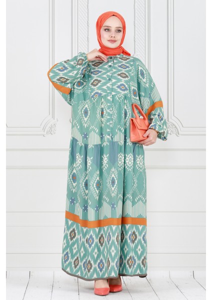 Yarım Düğmeli Robalı Ikat Desen Elbise-Mint Yeşili