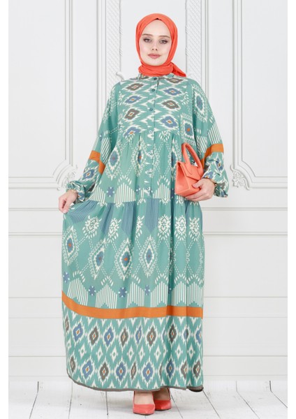 Yarım Düğmeli Robalı Ikat Desen Elbise-Mint Yeşili