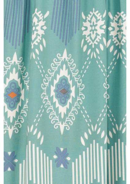 Yarım Düğmeli Robalı Ikat Desen Elbise-Mint Yeşili