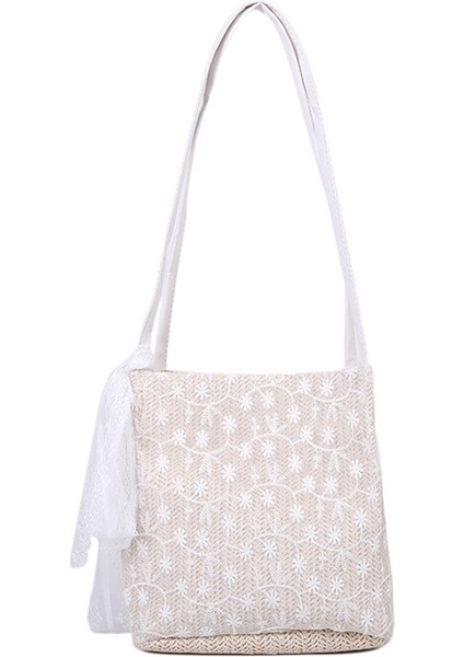 Dantel Tüm Maç Büyük Kapasiteli Kova El Tipi Dokuma Hasır Kadın Çantası, Tek Omuz Küçük Taze Tote Çanta (Beyaz) (Yurt Dışından)