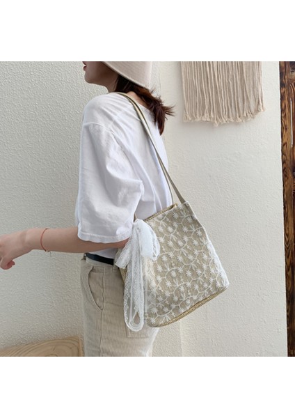 Dantel Tüm Maç Büyük Kapasiteli Kova El Tipi Dokuma Hasır Kadın Çantası, Tek Omuz Küçük Taze Tote Çanta (Beyaz) (Yurt Dışından) fiyatları