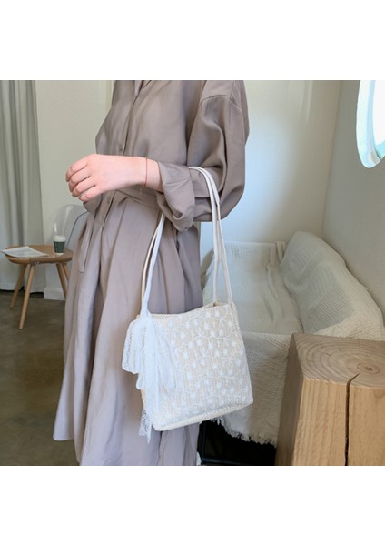 Dantel Tüm Maç Büyük Kapasiteli Kova El Tipi Dokuma Hasır Kadın Çantası, Tek Omuz Küçük Taze Tote Çanta (Beyaz) (Yurt Dışından) modelleri