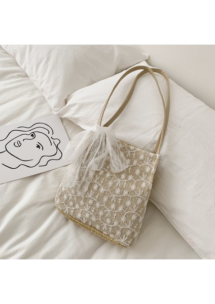 Dantel Tüm Maç Büyük Kapasiteli Kova El Tipi Dokuma Hasır Kadın Çantası, Tek Omuz Küçük Taze Tote Çanta (Beyaz) (Yurt Dışından) fırsatları