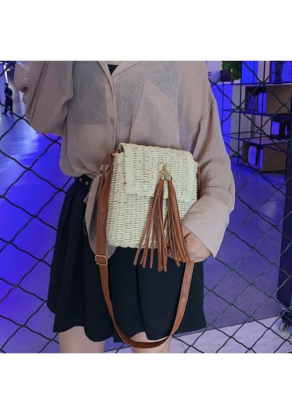 Rattan Çanta El Yapımı Yaz Kadın Omuz Hasır Plaj Çantası Çanta Saman Haki (Yurt Dışından) modelleri