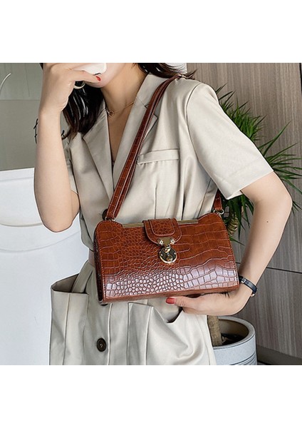 Lüks Çantalar, Vintage Kilit Timsah Desenli Omuz Çantası, Bayan Pu Deri Akşam El Çantaları, Messenger Çanta, Kahverengi (Yurt Dışından) modelleri