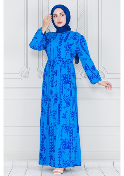 Otantik Yarım Düğmeli Viscon Elbise-Bebe Mavi