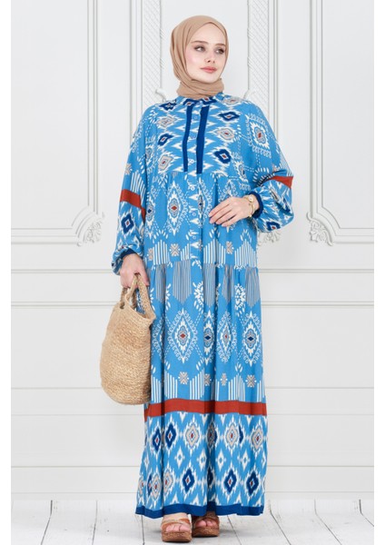Yarım Düğmeli Robalı Ikat Desen Elbise-Mavi