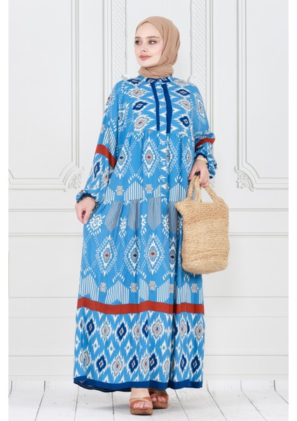 Yarım Düğmeli Robalı Ikat Desen Elbise-Mavi fiyatları