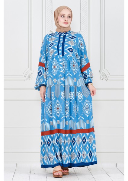Yarım Düğmeli Robalı Ikat Desen Elbise-Mavi modelleri