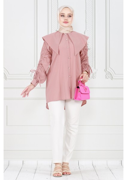 Büyük Yaka Kolu Büzgü Detaylı Tunik-Pudra