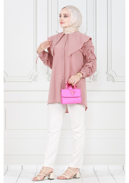 Büyük Yaka Kolu Büzgü Detaylı Tunik-Pudra fiyatları