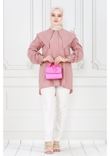 Büyük Yaka Kolu Büzgü Detaylı Tunik-Pudra modelleri