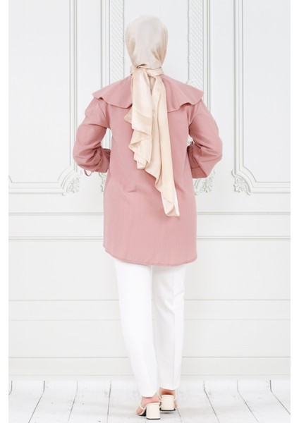 Büyük Yaka Kolu Büzgü Detaylı Tunik-Pudra indirimleri