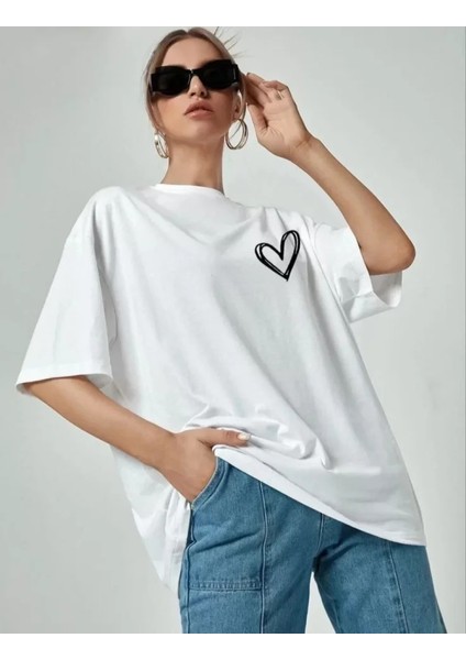 Sem E - Commerce Bisiklet Yaka Baskılı Oversize T-Shirt - Beyaz