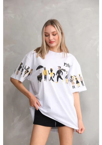 Sem E - Commerce Unisex Bisiklet Yaka Baskılı Oversize T-Shirt - Beyaz