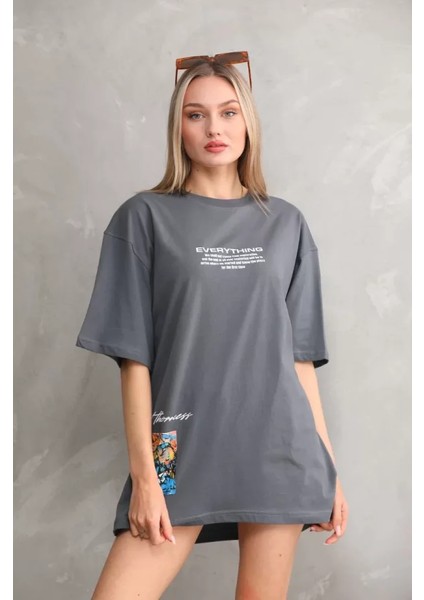 Sem E - Commerce Unisex Bisiklet Yaka Baskılı Oversize T-Shirt - Gri