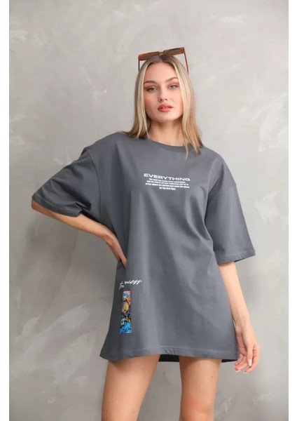 Sem E - Commerce Unisex Bisiklet Yaka Baskılı Oversize T-Shirt - Gri