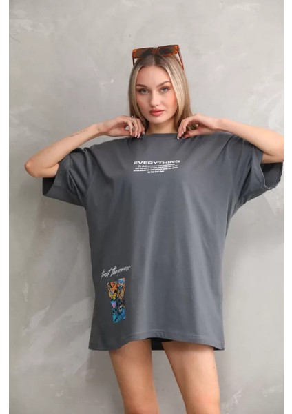 Sem E - Commerce Unisex Bisiklet Yaka Baskılı Oversize T-Shirt - Gri