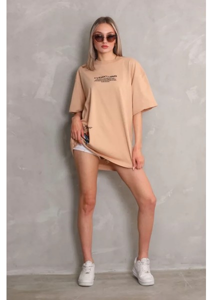 Sem E - Commerce Unisex Bisiklet Yaka Baskılı Oversize T-Shirt - Bej