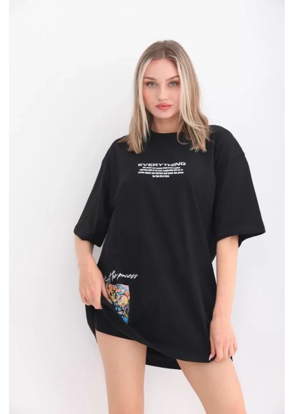 Sem E - Commerce Unisex Bisiklet Yaka Baskılı Oversize T-Shirt - Siyah