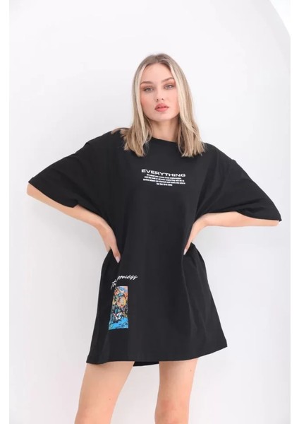 Sem E - Commerce Unisex Bisiklet Yaka Baskılı Oversize T-Shirt - Siyah