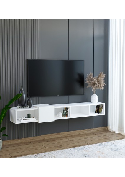 Slimline Beyaz Duvara Monte Açık Raflı Minimalist Tv Ünitesi 160 Cm - Şık Ve Fonksiyonel Tasarım