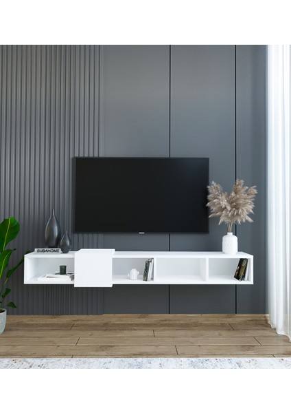 Slimline Beyaz Duvara Monte Açık Raflı Minimalist Tv Ünitesi 160 Cm - Şık Ve Fonksiyonel Tasarım