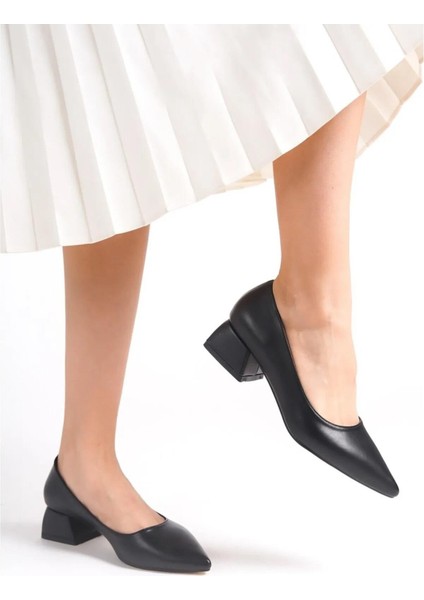 Kadın Mora Siyah Deri 3,5 cm Kalın Topuklu Ayakkabı modelleri