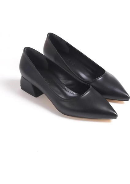 Kadın Mora Siyah Deri 3,5 cm Kalın Topuklu Ayakkabı fırsatları