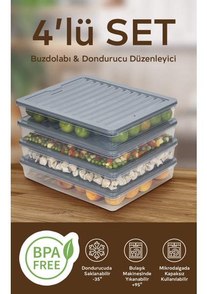 4'lü Set 2400 ml Buzdolabı Düzenleyici Buzluk ve Mikrodalga Saklama Kabı