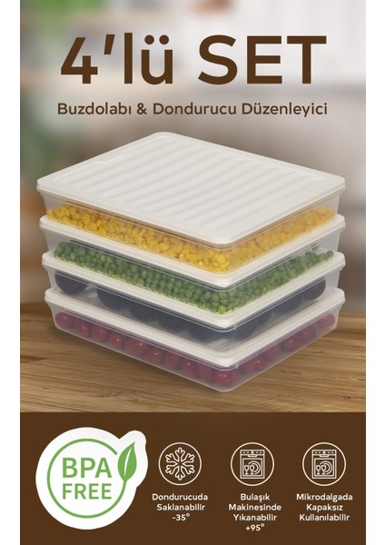 4'lü Set 2400 ml Buzdolabı Düzenleyici Buzluk ve Mikrodalga Saklama Kabı
