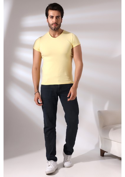 Pis Dikim V Yaka Penye Kompakt Likralı Basic Kısa Kol T-Shirt 19955 Açık Sarı