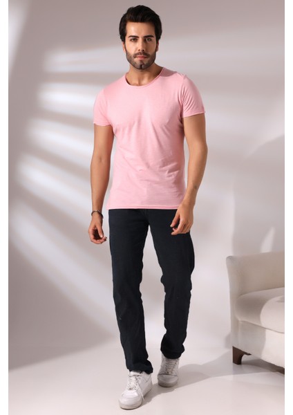 Pis Dikim Bisiklet Yaka Flamlı Kısa Kol Basic T-Shirt 19959 Pudra