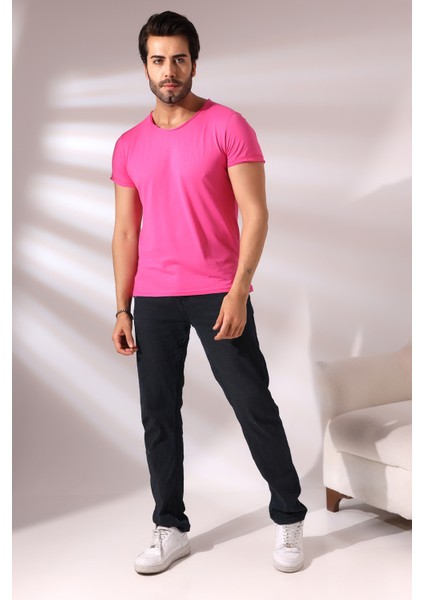 Pis Dikim Bisiklet Yaka Flamlı Kısa Kol Basic T-Shirt 19959 Açık Fuşya