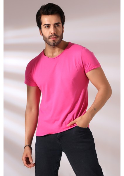 Pis Dikim Bisiklet Yaka Flamlı Kısa Kol Basic T-Shirt 19959 Açık Fuşya