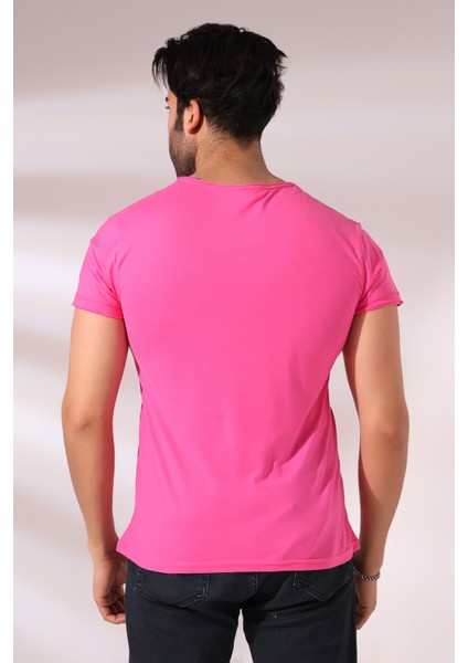 Pis Dikim Bisiklet Yaka Flamlı Kısa Kol Basic T-Shirt 19959 Açık Fuşya