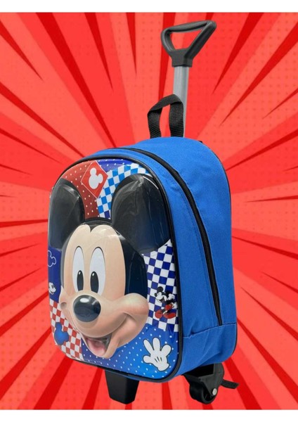 Anaokulu Kreş Çekçekli Tekerli Mavi Mickey Mouse Kabartmalı 2-6 Yaş Sırt Çantası ve Okul Çantası