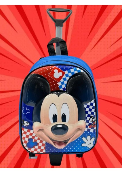 Anaokulu Kreş Çekçekli Tekerli Mavi Mickey Mouse Kabartmalı 2-6 Yaş Sırt Çantası ve Okul Çantası