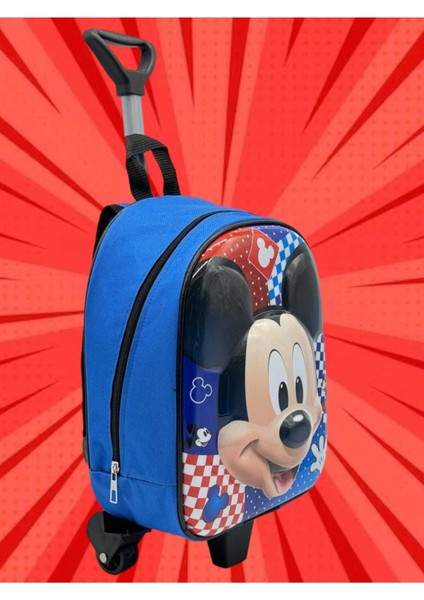 Anaokulu Kreş Çekçekli Tekerli Mavi Mickey Mouse Kabartmalı 2-6 Yaş Sırt Çantası ve Okul Çantası