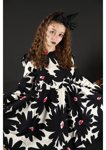04-12 Yaş Kız Çocuk Black Flowers Elbise fiyatları