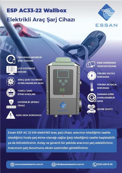 Elektrikli Araç Şarj Cihazı Wallbox 22KW (TOGG TESLA BYD TORRES ZOE MG CİTROEN OPEL PEUGEOT BMW MERCEDES UYUMLU fiyatları