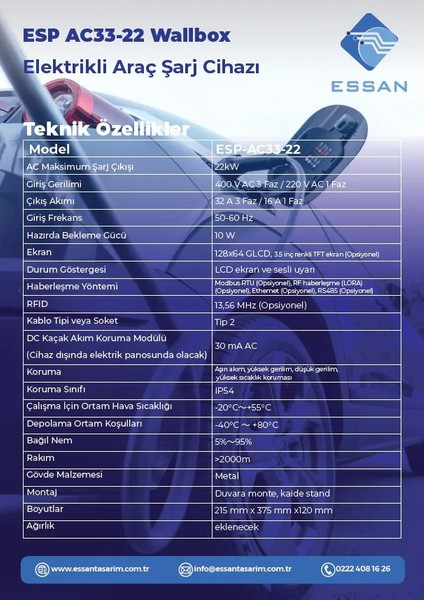 Elektrikli Araç Şarj Cihazı Wallbox 22KW (TOGG TESLA BYD TORRES ZOE MG CİTROEN OPEL PEUGEOT BMW MERCEDES UYUMLU modelleri