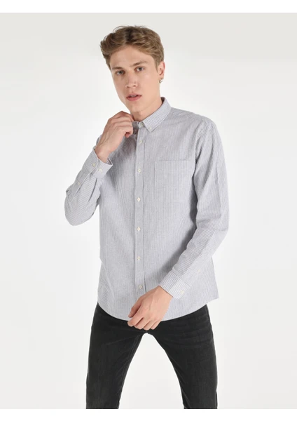 Regular Fit Shirt Neck Çizgili Antrasit Erkek Uzun Kol Gömlek Cl1064631