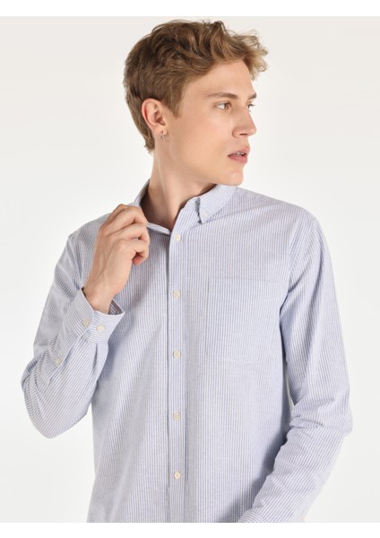 Regular Fit Shirt Neck Çizgili Mavi Erkek Uzun Kol Gömlek Cl1064631