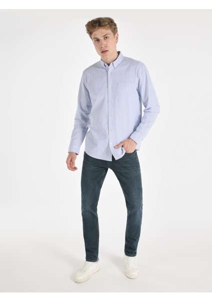 Regular Fit Shirt Neck Çizgili Mavi Erkek Uzun Kol Gömlek Cl1064631