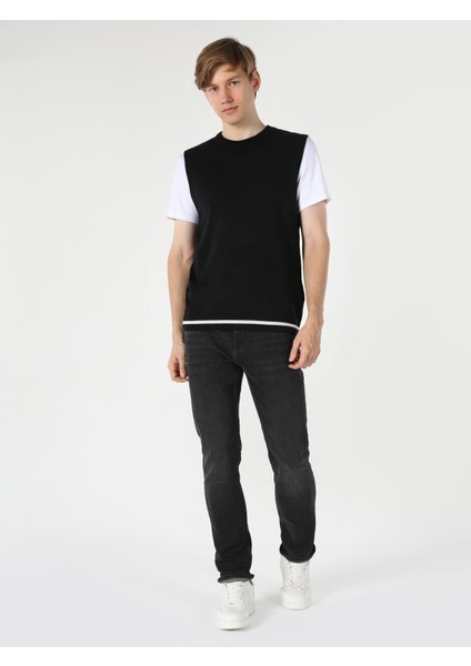 Slim Fit Yuvarlak Yaka Jakarlı Erkek Siyah Kazak