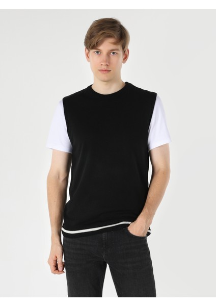 Slim Fit Yuvarlak Yaka Jakarlı Erkek Siyah Kazak