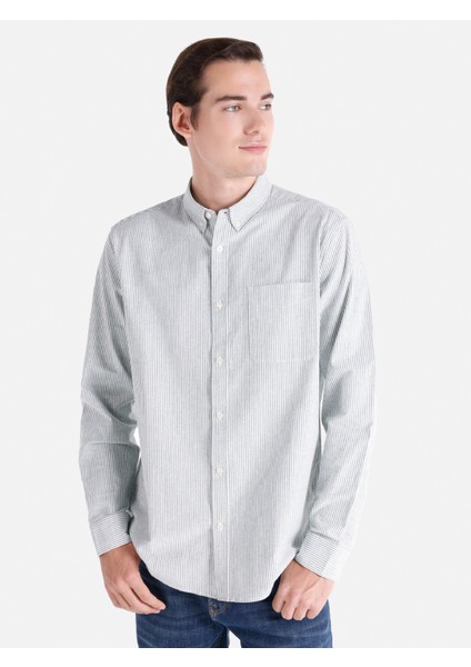 Regular Fit Shirt Neck Çizgili Yeşil Erkek Uzun Kol Gömlek Cl1064631